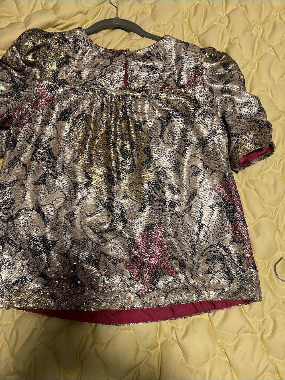Anthropologie Gold, Black & Pink Sequin Floral Top